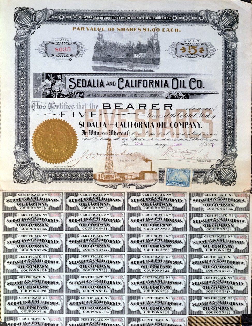 Aktienzertifikat für die Sedalia and Californian Oil Company, USA, 1901 von American School