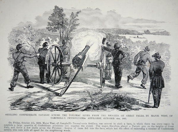 Beschuss der konföderierten Kavallerie über den Potomac River von den Höhen von Great Falls, 4. Oktober 1861 von American School