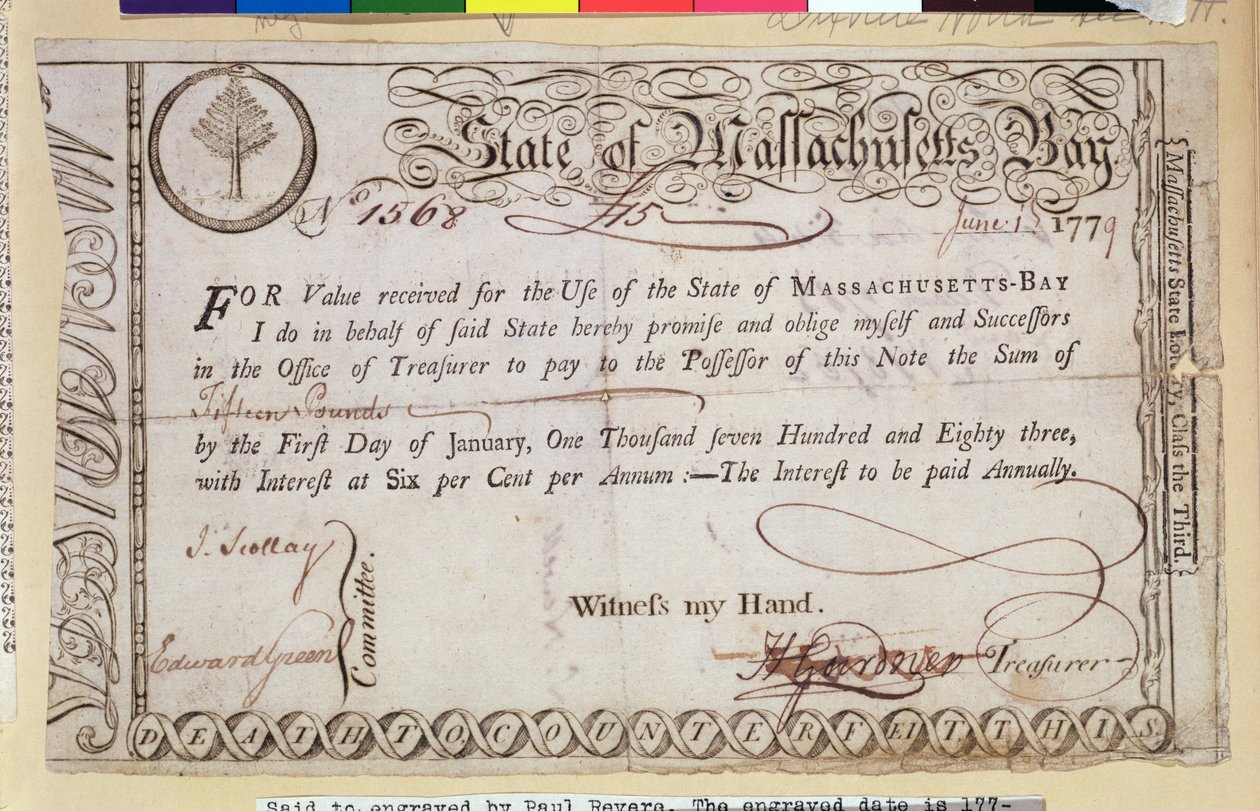 Schuldschein des Staates Massachusetts Bay, angeblich von Paul Revere (1735-1818) graviert, 1779 von American School