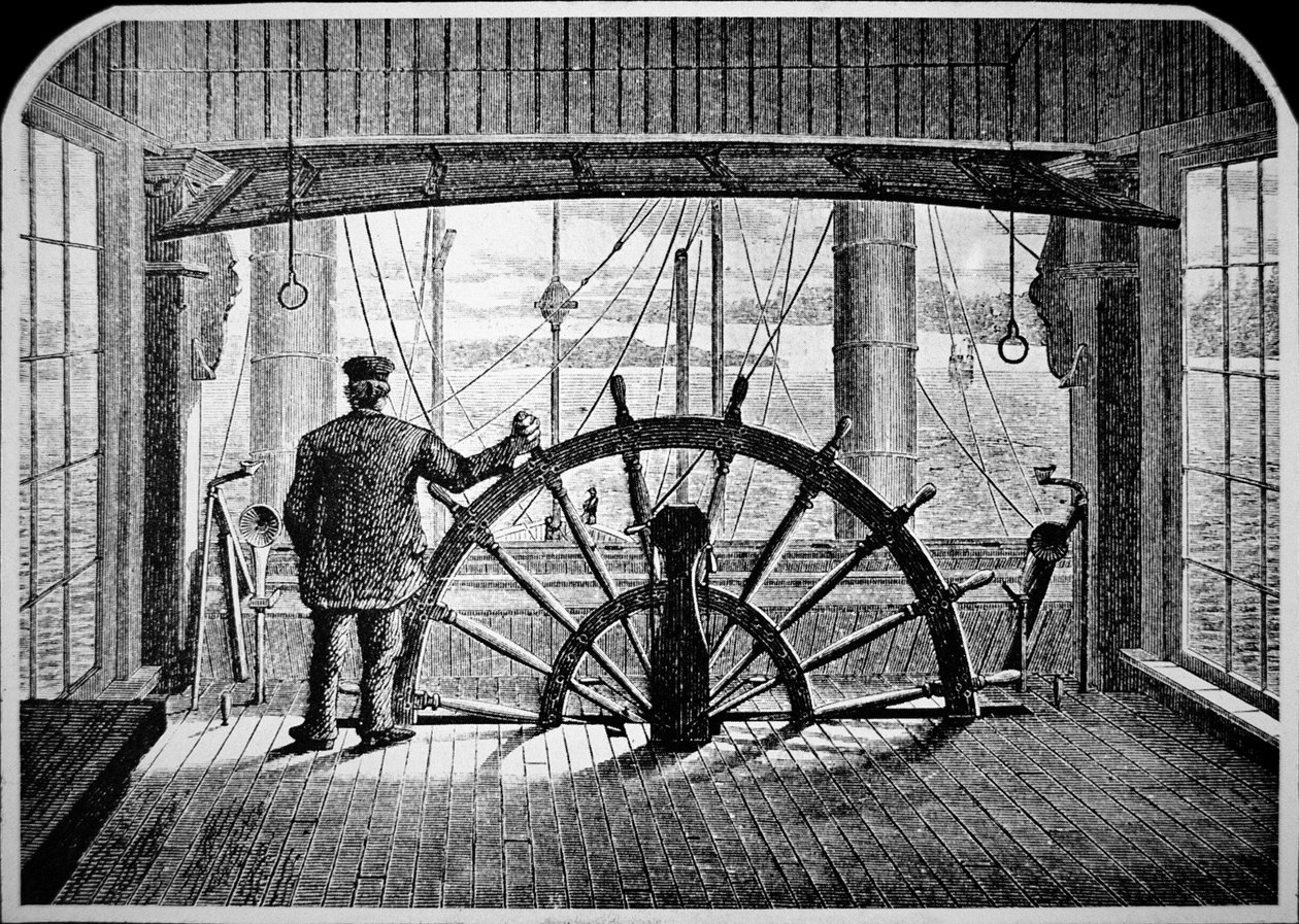 Dampfschiff-Pilot im Steuerhaus, ca.1870 (Gravur) von American School