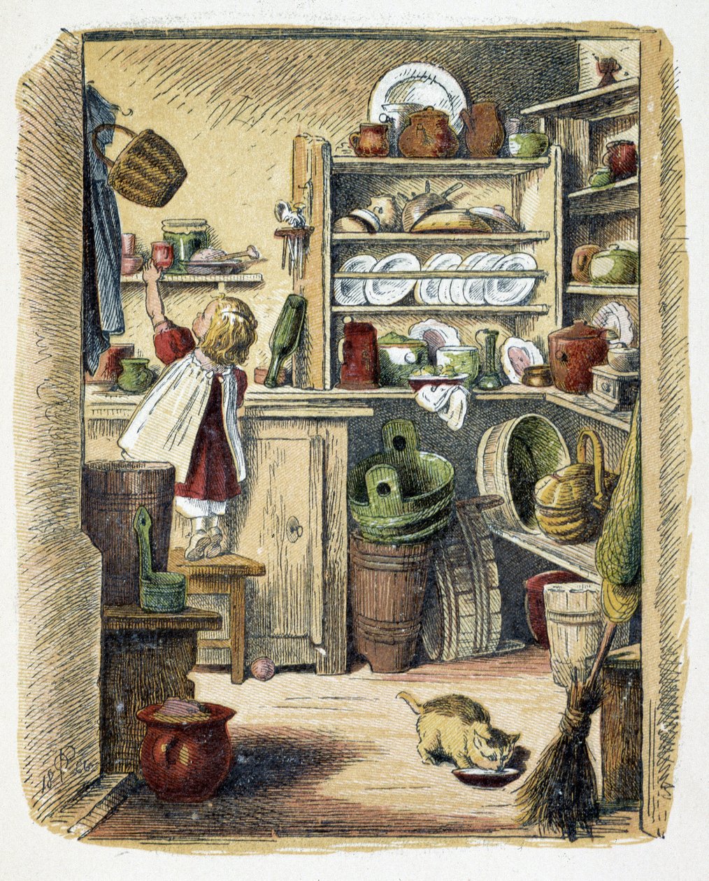 Lagerung in der Küche in „Schnik, schnak, Kleinigkeiten für die Kleinen“, Kinderspiele. Hrsg. London- Georges Ronthedge und Söhne. New York, The broad way Ludgate n.d. ca. 1890. von American School