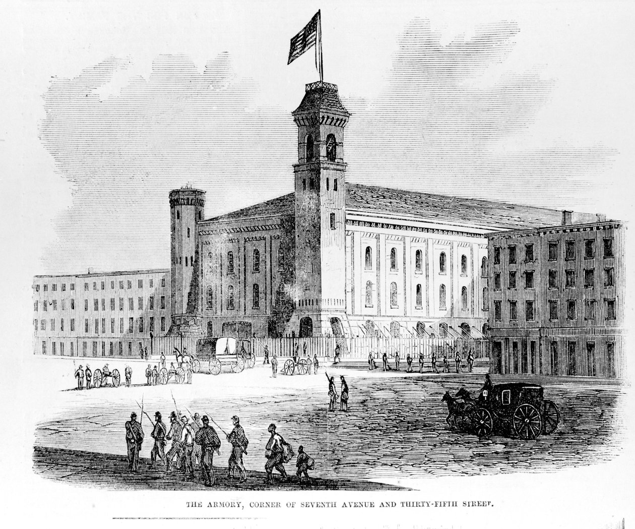 Das Waffenlager, Ecke Seventh Avenue und Thirty-Fifth Street, Szene aus den Draft Riots in New York City, 1863 von American School