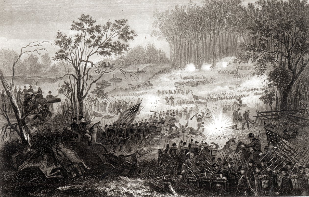 Die Schlacht bei Pittsburg Landing, graviert von H. B. Hall, 1862 von American School