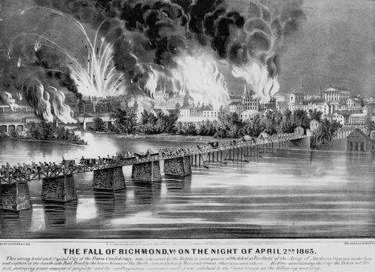Der Fall von Richmond, Va. in der Nacht des 2. April 1865, veröffentlicht von Currier & Ives, 1865 von American School