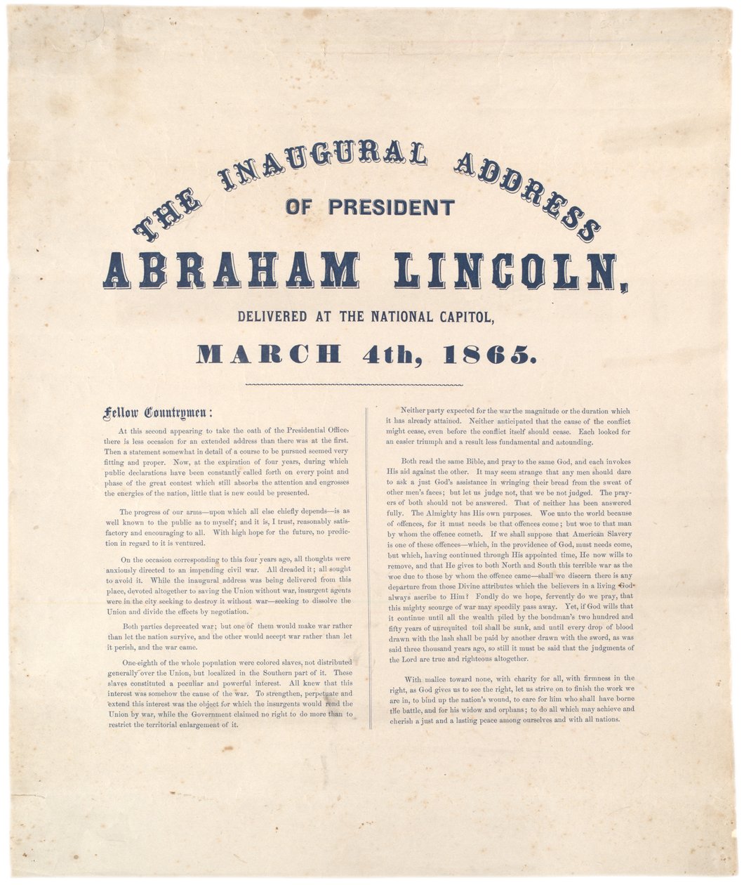 Antrittsrede von Präsident Abraham Lincoln, gehalten im Nationalkapitol, 4. März 1865 von American School