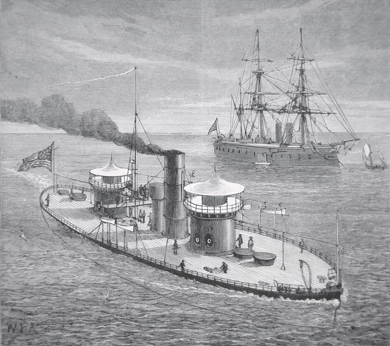 Die Miantonoma, Zwillings-Turm gepanzerter Monitor, gestartet 1863 von American School