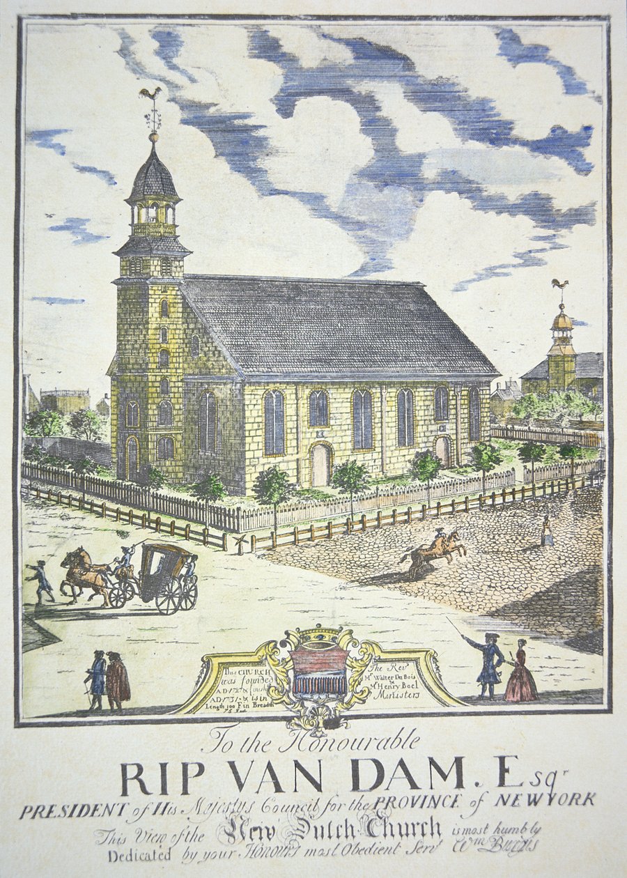 Die Neue Niederländisch-Reformierte Kirche, erbaut an der Ecke Nassau und Liberty Street, New York City, 1731 von American School