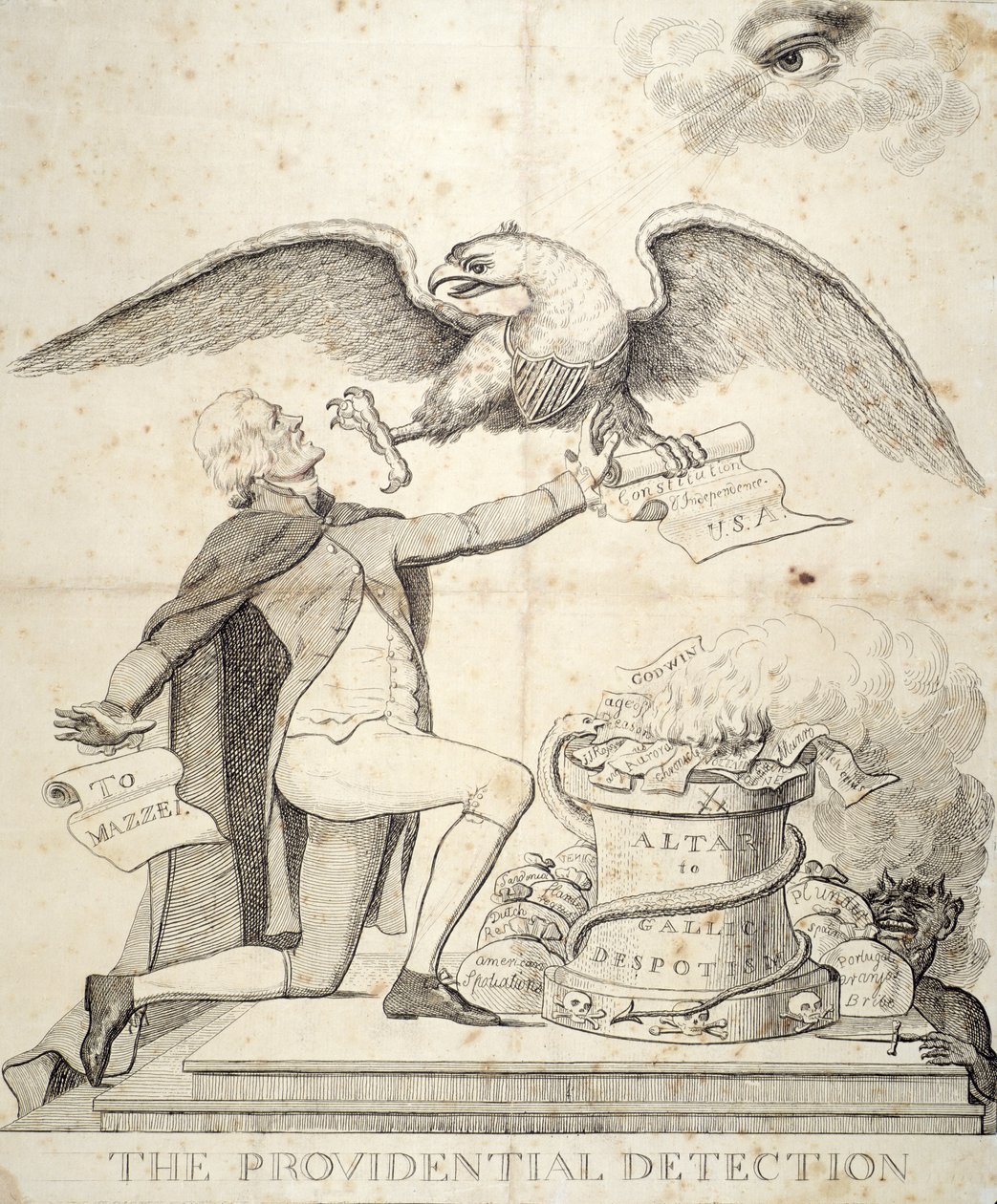 Die providentielle Entdeckung, Karikatur, die Thomas Jefferson (1743-1826) zeigt, wie er versucht, die Verfassung zu zerstören von American School