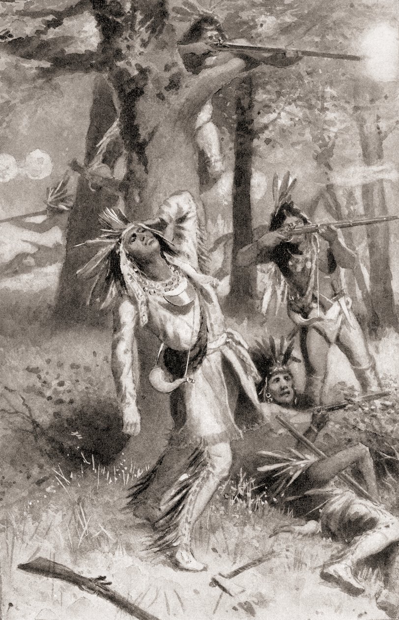 Der Tod von Tecumseh während der Schlacht am Thames, 5. Oktober von American School