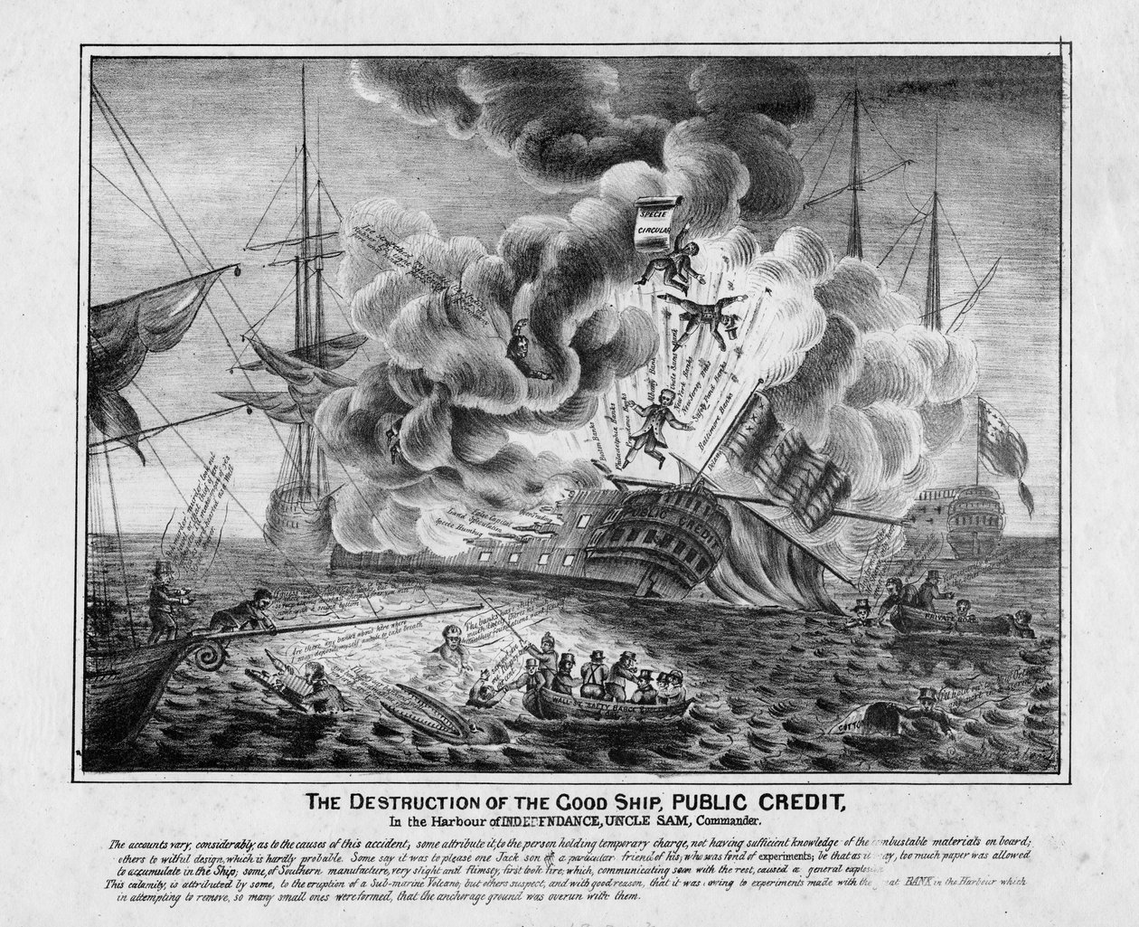 Die Zerstörung des guten Schiffes Public Credit im Hafen der Unabhängigkeit, Uncle Sam, Kommandant, ca. 1836 von American School