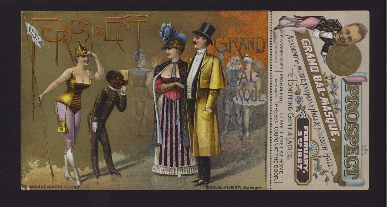 Ticket und Gutschein für den Prospect Association großen Maskenball in der Academy of Music, Tammany Hall und Nilsson Hall, New York von American School