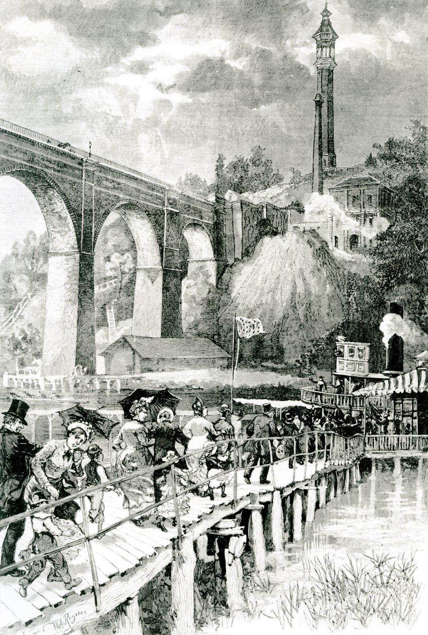 Touristen kehren zu ihrem Dampfer am Harlem River zurück, mit der High Bridge links, graviert von W.A. Rogers für Harpers Weekly, 24. Juli 1880 von American School