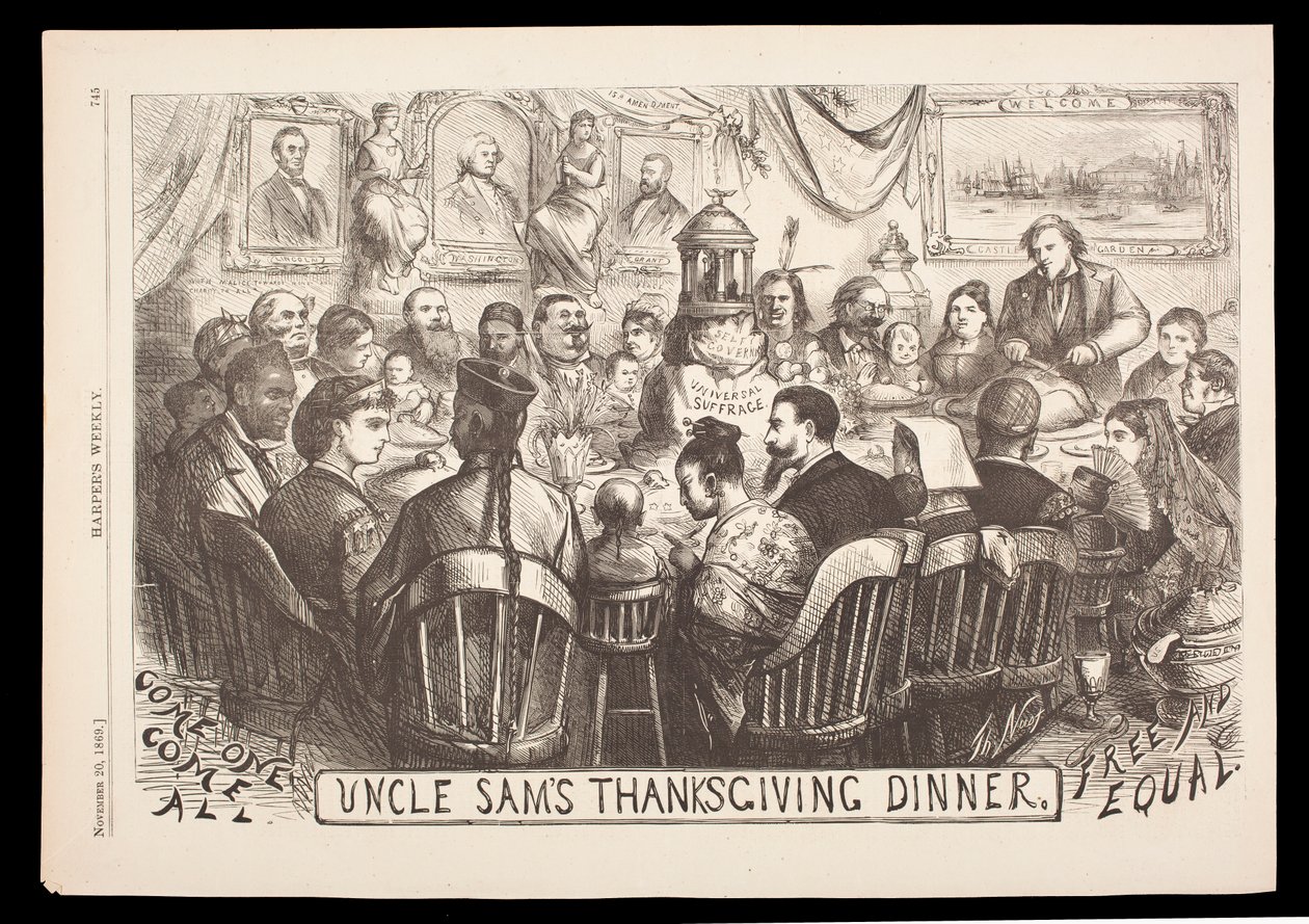 Onkel Sams Thanksgiving-Dinner, Gravur von Thomas Nast, Harper
