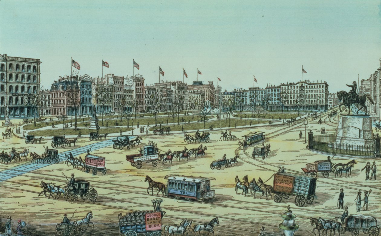 Union Square und Fourteenth Street bis Seventeenth Street, aus einer Serie von 48 Ansichten von New York und Umgebung, veröffentlicht von Charles Magnus von American School