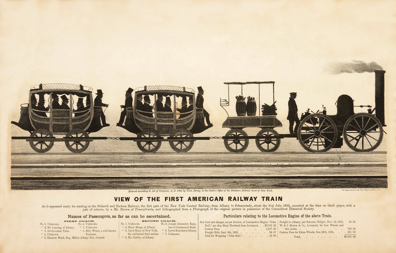 Ansicht des ersten amerikanischen Eisenbahnzuges, veröffentlicht 1865 von American School