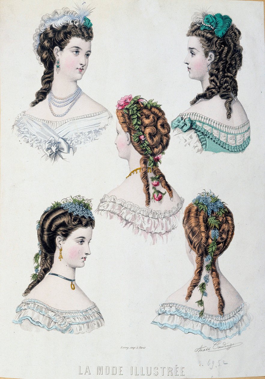 Fünf Frauenfrisuren Tafel aus „La mode illustrée“ von Anais Coutwelve von Anais Toudouze