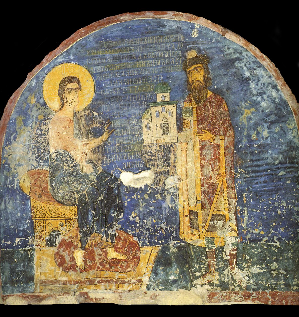 Großfürst Jaroslaw II. Wsewolodowitsch mit Modell der Nereditsa-Kirche vor Christus, 12. Jahrhundert von Ancient Russian frescos