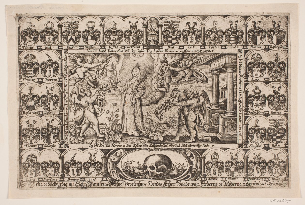 Sophie Brockenhuus und vier Genies, umgeben von Wappenschildern. Aus der Leichenpredigt von Anders Ottesen