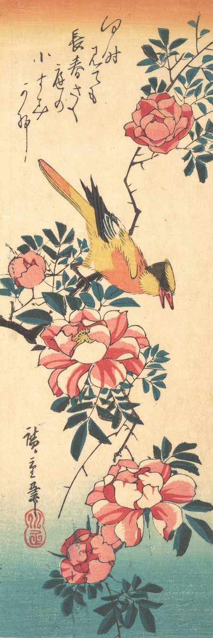 Östliche Grauwasserstelze und Rose, frühe 1830er Jahre von Ando Hiroshige