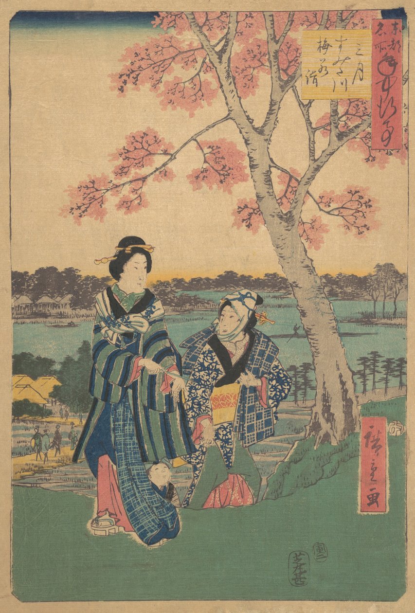 Pflaumenblütenbesichtigung im dritten Monat am Sumida-Fluss aus der Serie Jahresereignisse von Ando Hiroshige