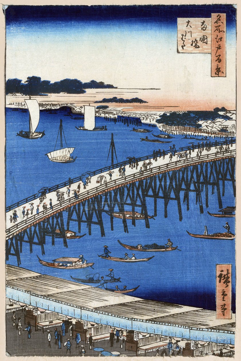Flussufer an der Ryogoku-Brücke (Hundert berühmte Ansichten von Edo) von Ando or Utagawa Hiroshige