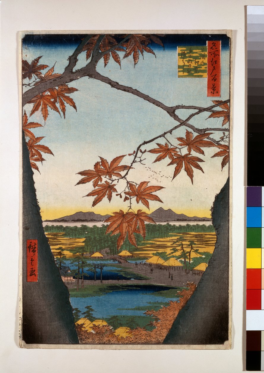 Ahornbäume bei Mama, Tekona-Schrein und verbundene Brücke von Ando or Utagawa Hiroshige