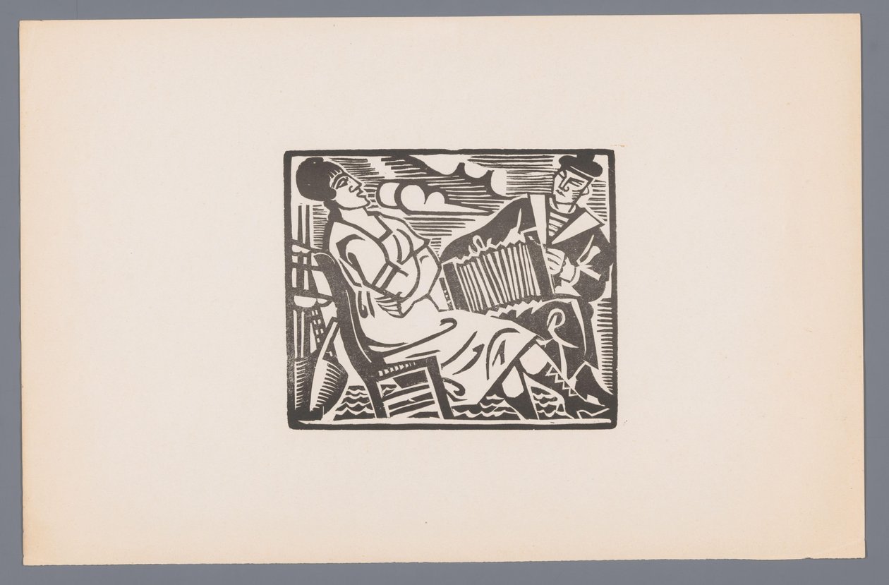 Frau auf Stuhl und Matrose mit Akkordeon (Serie: Sechs Holzschnitte mit maritimen Szenen) von André Lhote