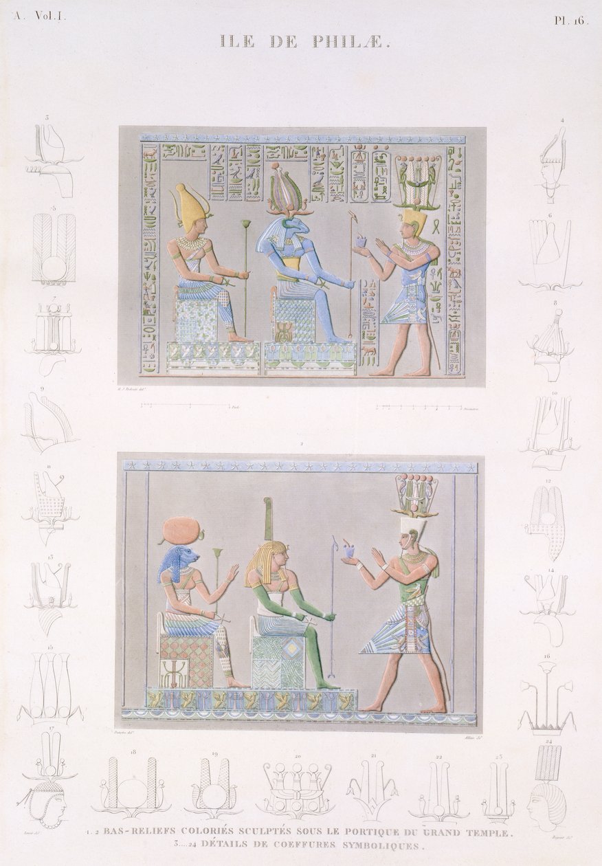Farbige Basreliefs, die auf dem Portikus des Großen Tempels mit Details der Symbole, die Insel Philae, Platte 16 aus Band I von 