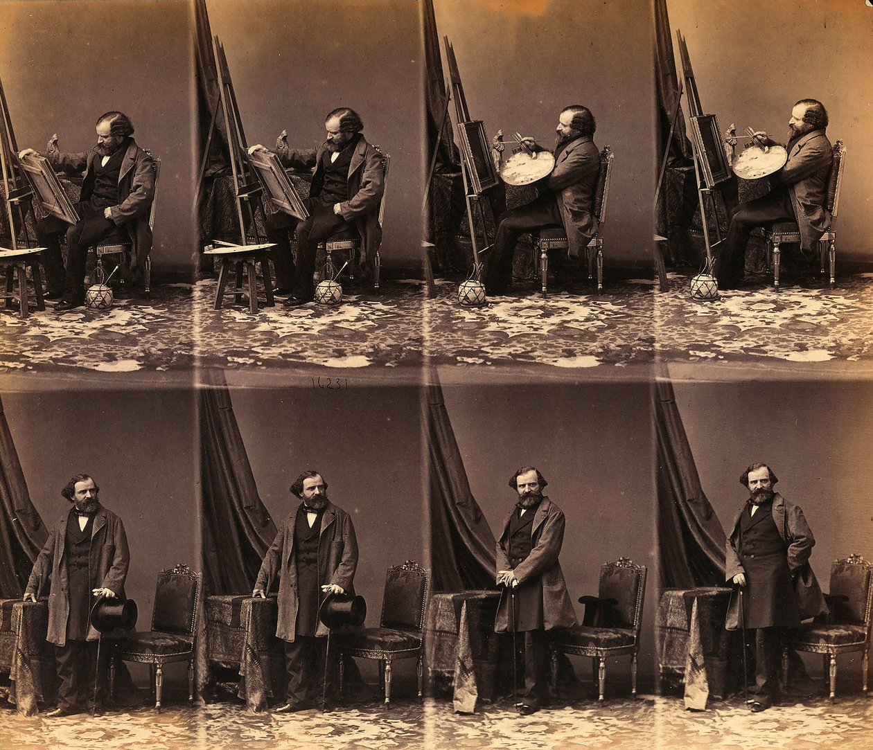 Porträt des Malers Lepualle: Blatt mit sechs ungeschnittenen Visitenkarten (s/w Foto) von Andre Adolphe Eugene Disderi