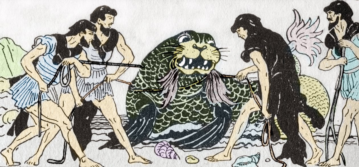 Odyssee von Homer: „Menelaos kehrt aus dem Trojanischen Krieg zurück und fängt mit seinen Gefährten den Gott Proteus auf der Insel Pharos“ von Andre Bonamy