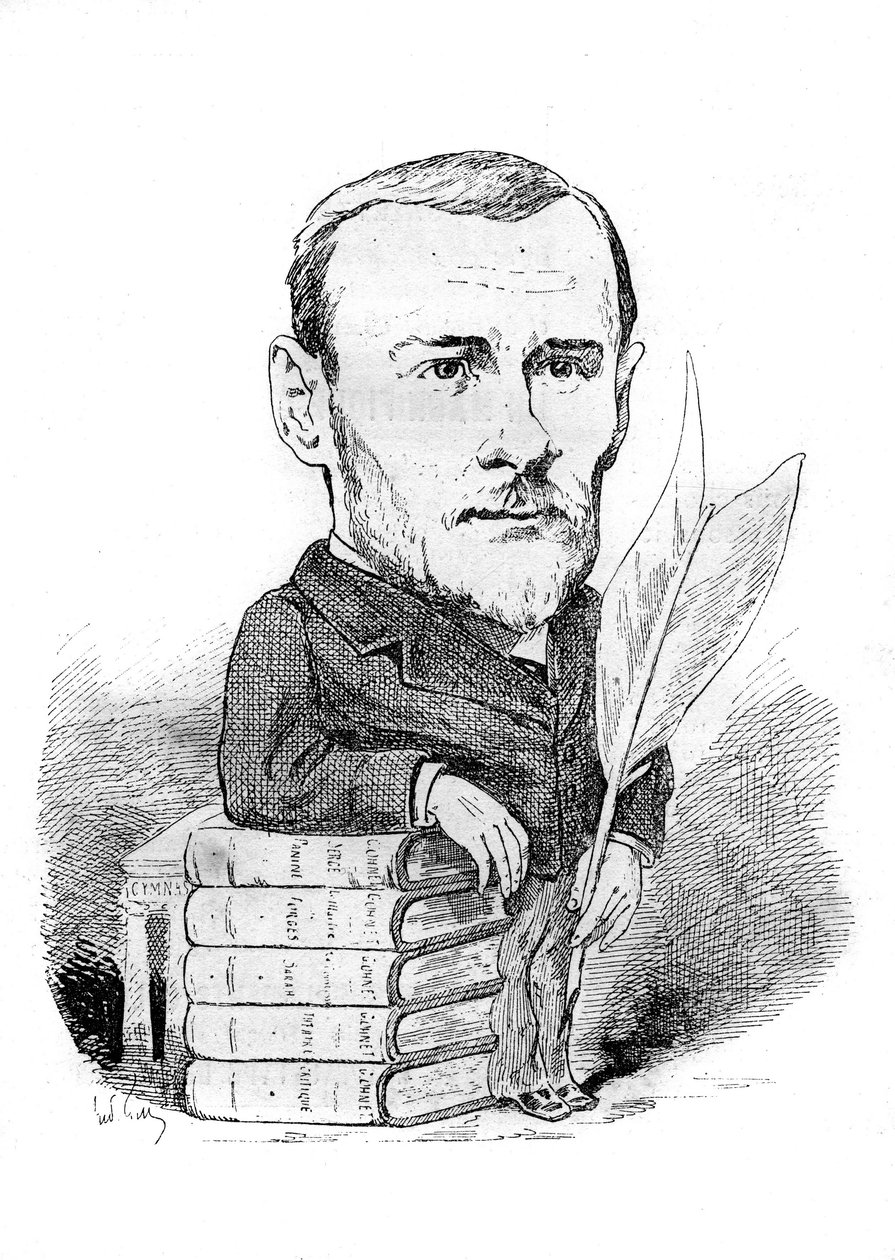 Karikatur von Georges Ohnet (1848-1918), ein französischer Schriftsteller, dargestellt mit seinen Büchern und seinem Stift. Zeichnung von Andre Gill. Gravur in "Le Monde Illustré" von Andre Gill