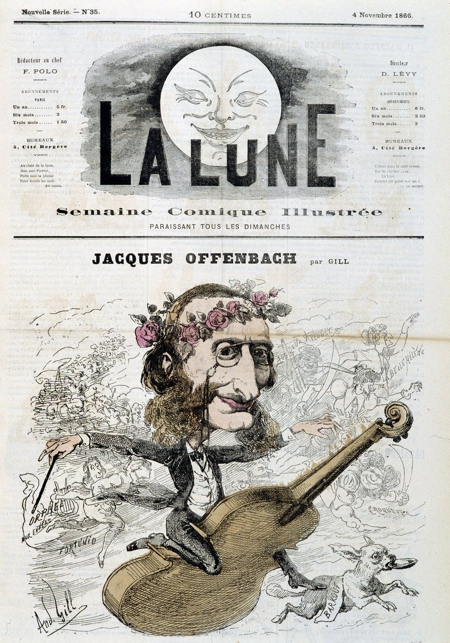 Karikatur von Jacques Offenbach (1819 - 1880), reitend auf einer Geige - von Gill in „La Lune“ vom 04/11/1866 von Andre Gill