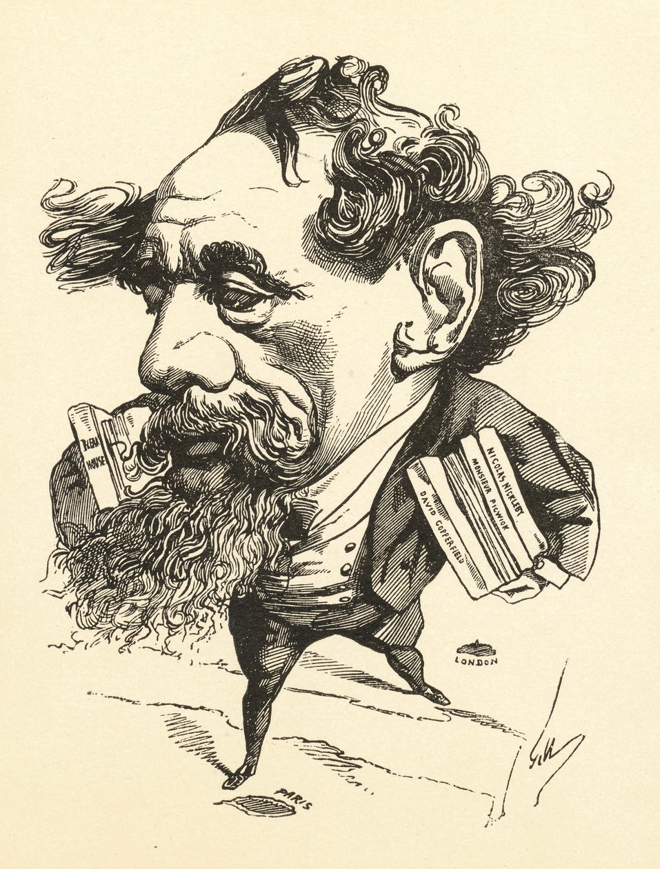 Karikatur von Charles Dickens, der den Ärmelkanal überquert, 1868 von Andre Gill