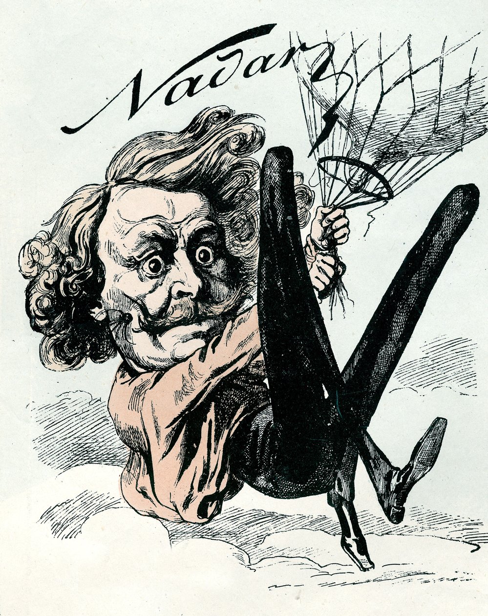 Karikatur von Felix Nadar, Pionier der Luftbildfotografie im Jahr 1858, hier hängend von seinem Ballon (Gravur) von Andre Gill