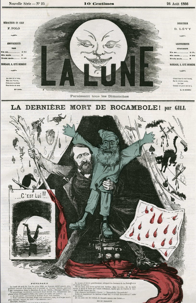 Karikatur von „La dernière mort de Rocamole“ und seinem Autor, Pierre Alexis Ponson du Terrail (1829-1871). Karikatur von Gill, in „La Lune“, 26. August von Andre Gill