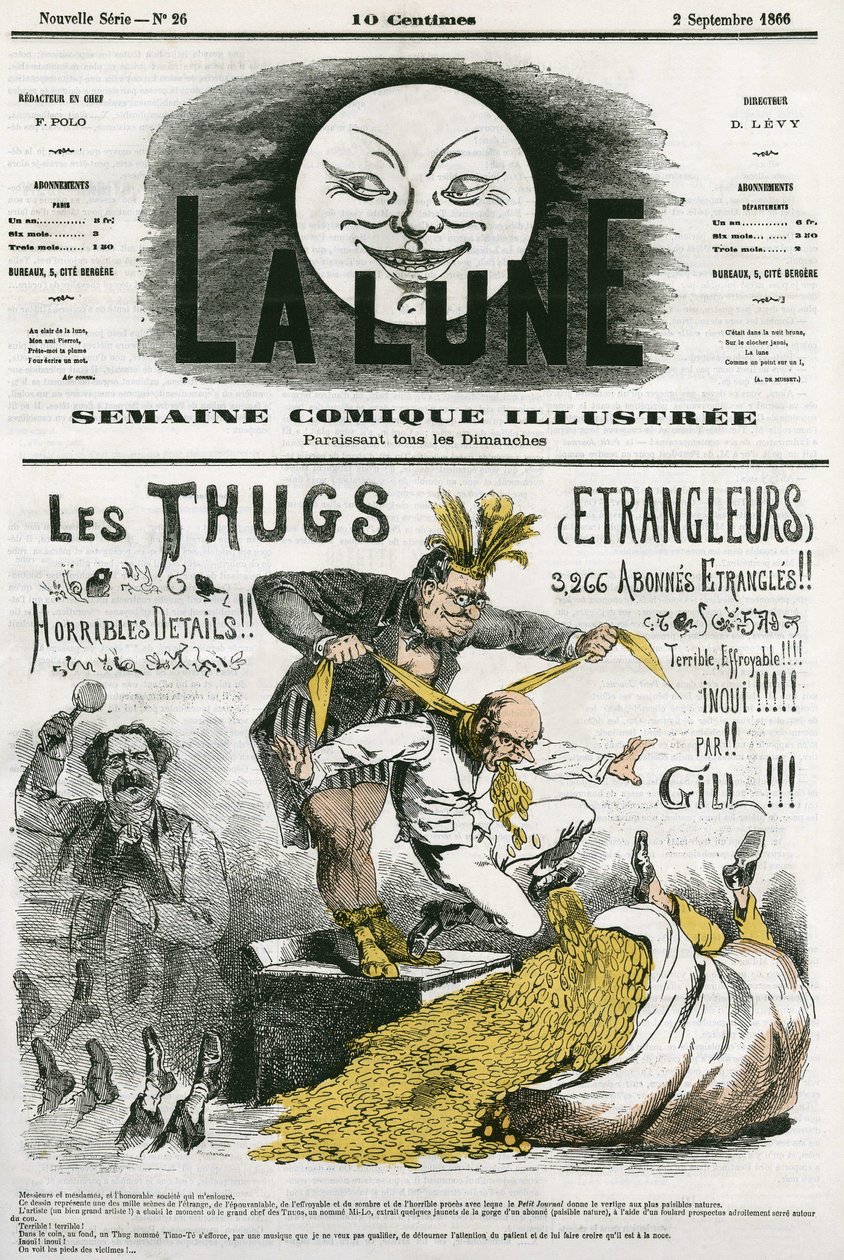 Karikatur der „Thugs“, ein Kult von Fremden, Anbeter von Kali, die von britischen Siedlern ausgerottet wurden. Karikatur von Gill, in „The Moon“, 2. September von Andre Gill