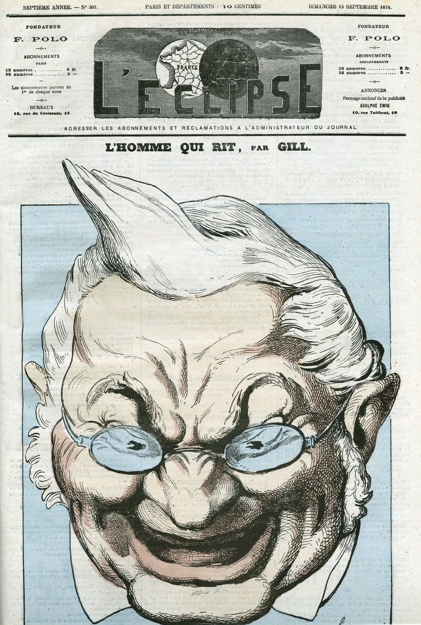 Karikatur von „dem Mann, der lacht“, Adolphe Thiers (1797-1877), französischer Politiker. Titelblatt in „L