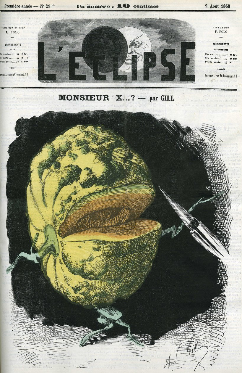 Mr. X... eine Illustration einer Melone von Gill als Reaktion auf Zensur. Titelblatt in „L