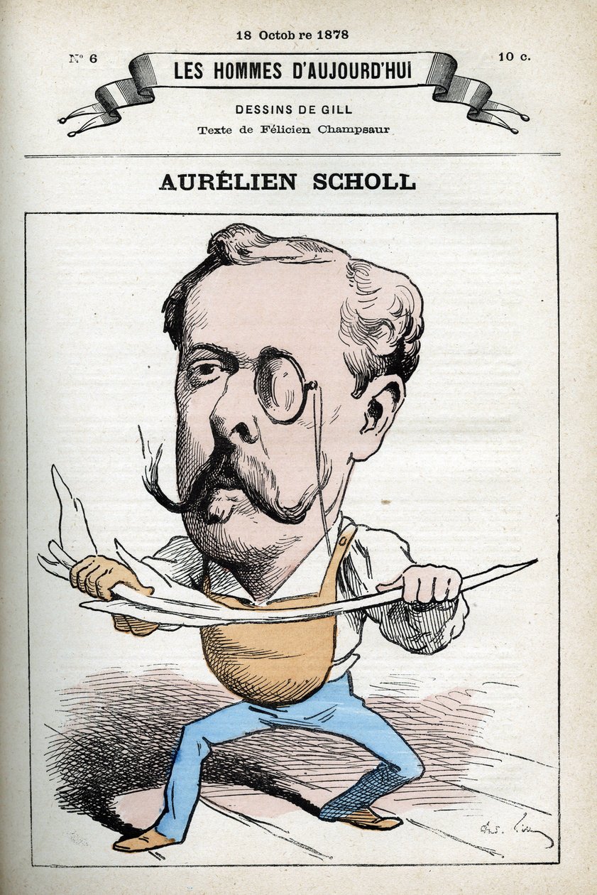 Porträt von Aurelien Scholl (1833-1902), französischer Journalist, Schriftsteller und Komiker. Karikatur von Gill, Paris. von Andre Gill