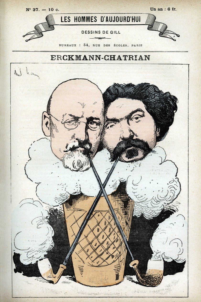 Porträt von Emile Erckmann (1822-1899) und Alexandre Chatrian (1826-1890), französische Romanautoren. Karikatur von Gill, in „Les Homme d