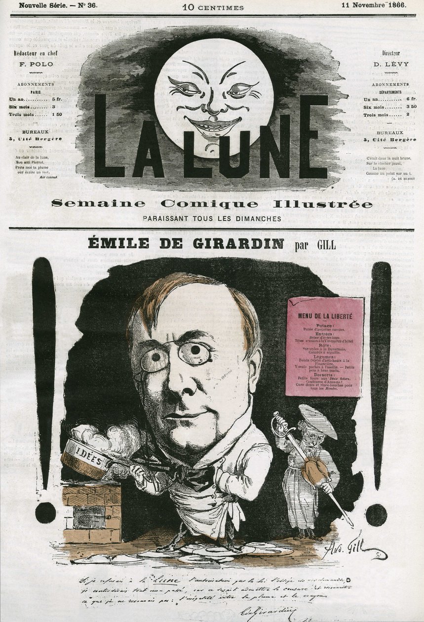 Porträt von Emile de Girardin (1806-1881), französischer Journalist. Karikatur von Gill, in „La Lune“, 11. November von Andre Gill