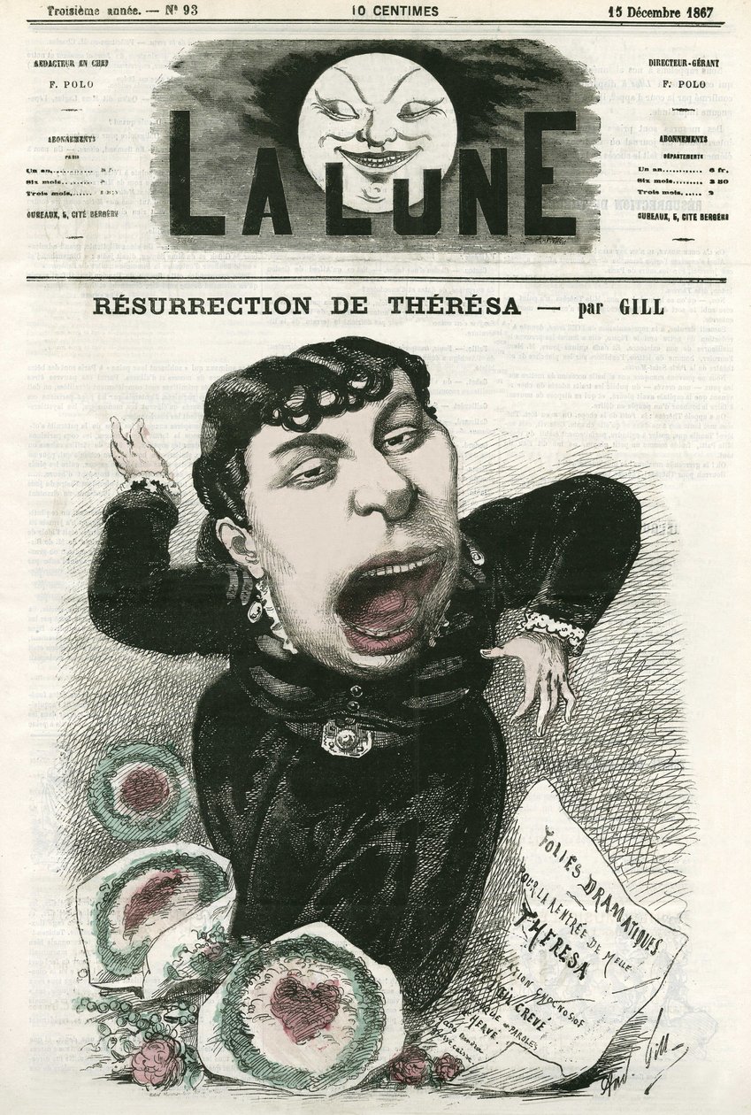 Porträt von Emma Valladon genannt Theresa (1837-1913), französische Operettensängerin. Karikatur von Gill, in „La Lune“, 15. Dezember von Andre Gill