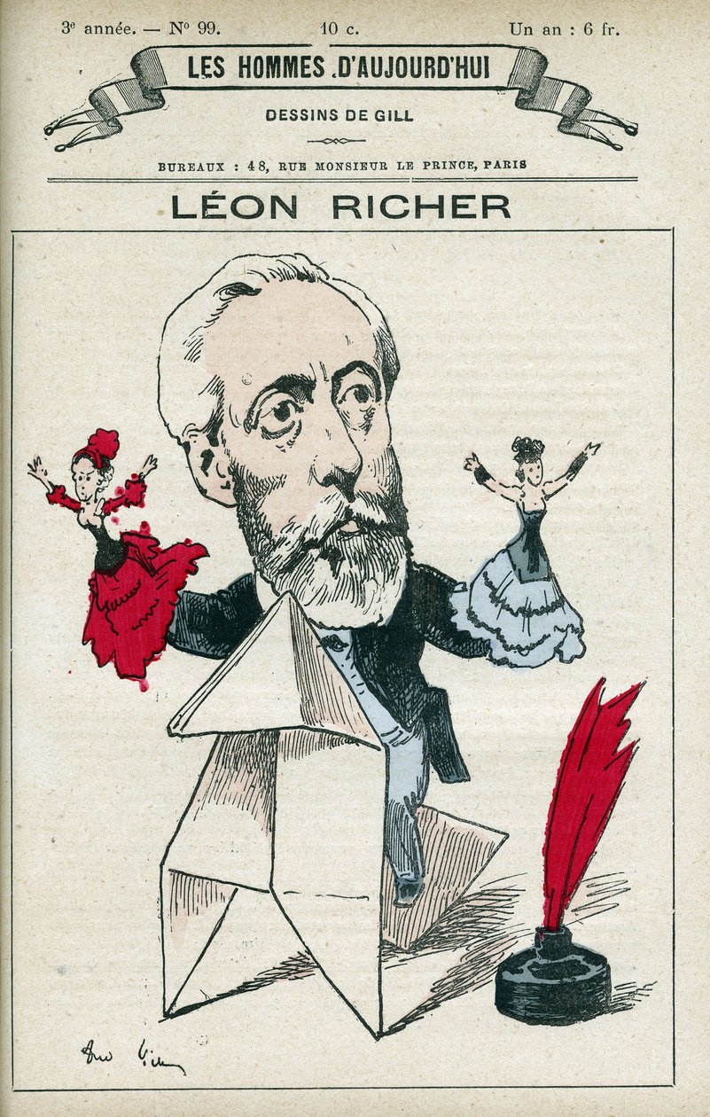Porträt von Léon Richer (1824-1911), ein französischer Journalist und Intellektueller, er gründete 1882 die Association pour le droit des femmes und die Ligue française pour le droit des femmes. Karikatur von Gill, Paris von Andre Gill