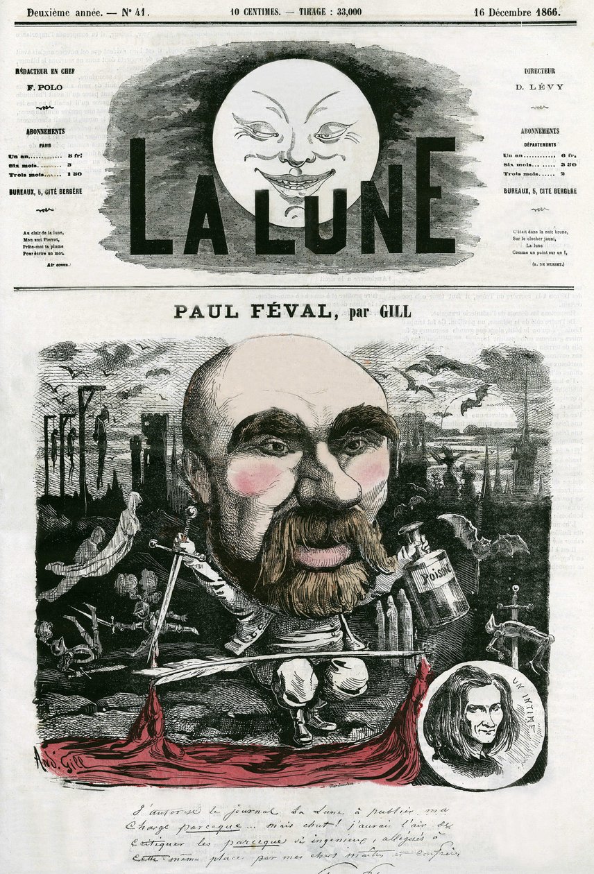 Porträt von Paul Féval (1816-1887), französischer Schriftsteller. Karikatur von Gill, in „La Lune“, 16. Dezember von Andre Gill