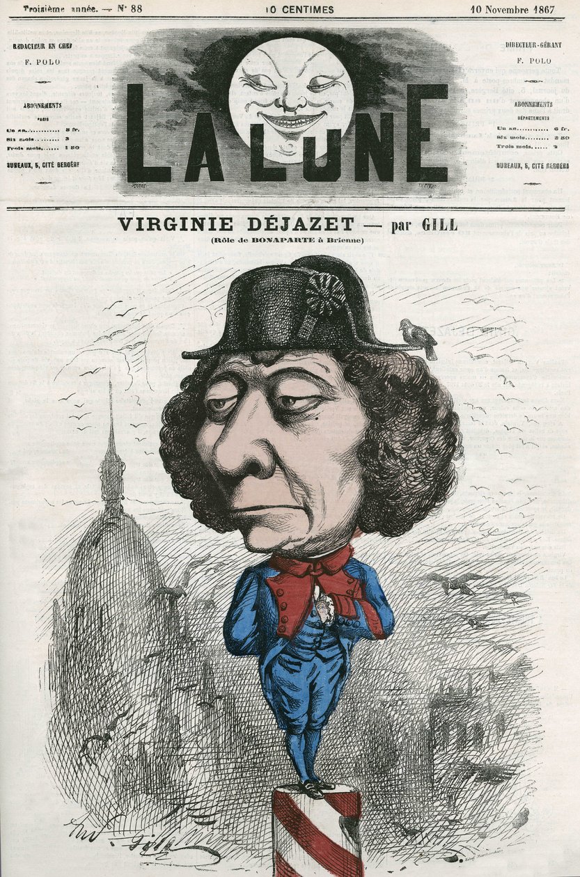 Porträt von Virginie Dejazet (1798-1875), französische Schauspielerin in der Rolle von Bonaparte. Karikatur von Gill, in „La Lune“, 10. November von Andre Gill