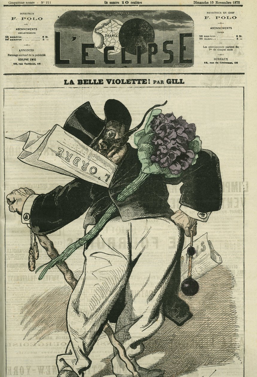 Die schöne Veilchen, eine Illustration eines Bonapartisten-Anhängers, mit der Zeitung „L