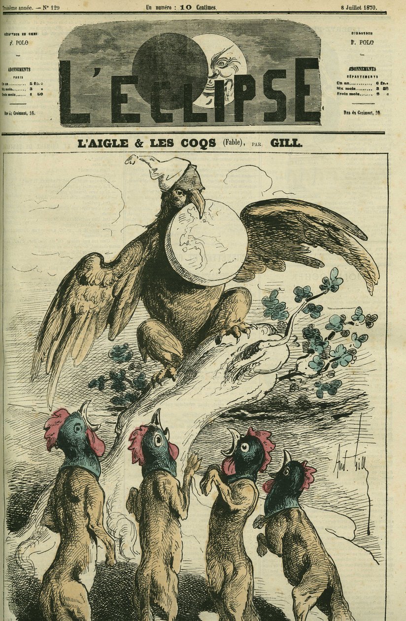 Der Adler und die Hähne, nach der Fabel hält der napoleonische Adler Frankreich im Schnabel bereit, es an Füchse mit Hahnenköpfen zu übergeben. Titelbild in „L