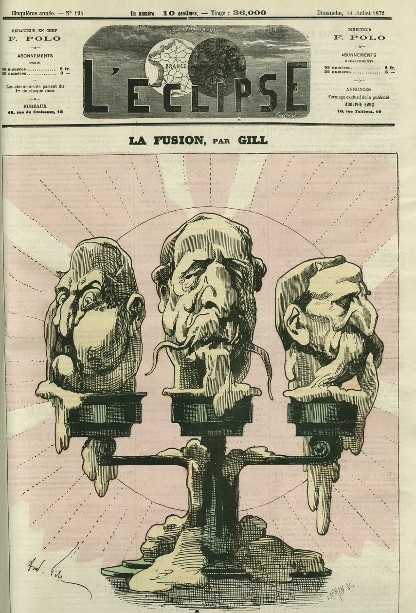 Die Fusion, eine Illustration der Verfassung der Versammlung, mit Royalisten, Bonapartisten und Republikanern. Titelblatt in „L