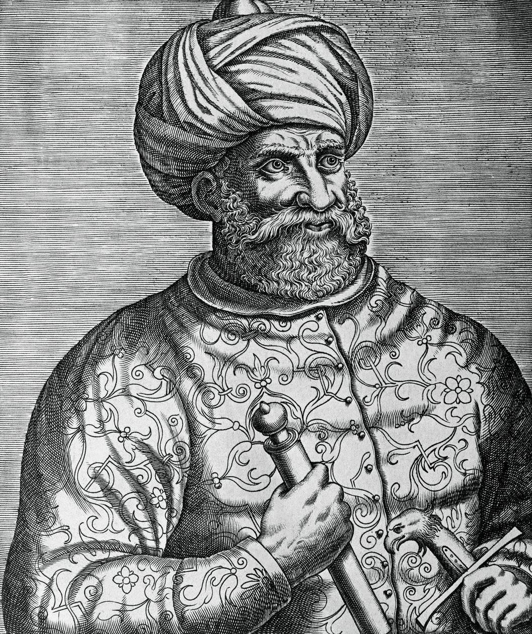 Porträt von Khayr al-Din, bekannt als Barbarossa (1465-1546), türkischer Korsar und Admiral, Gravur von Andre Thevet (1502-1590) von Andre Thevet