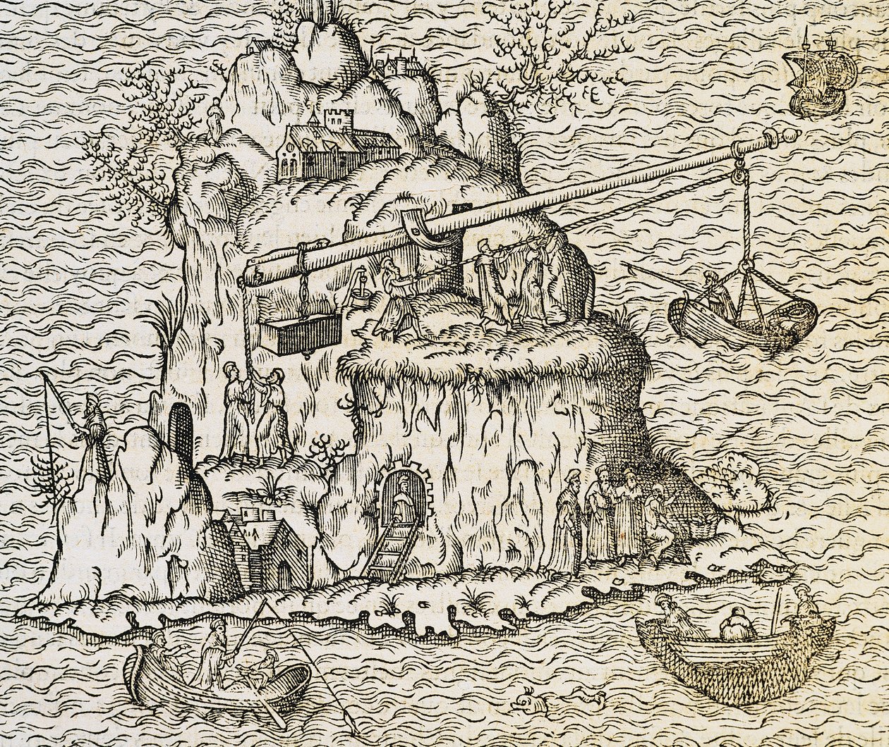 Transporttechnik für Boote auf der Insel Kreta, Gravur aus La Cosmographie Universelle, von Andre Thevet von Andre Thevet